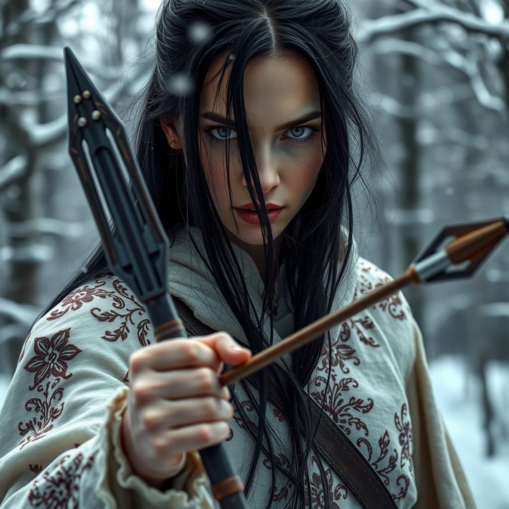 Medieval Woman Warrior in Winter Forest, Hyperrealistic Styl...