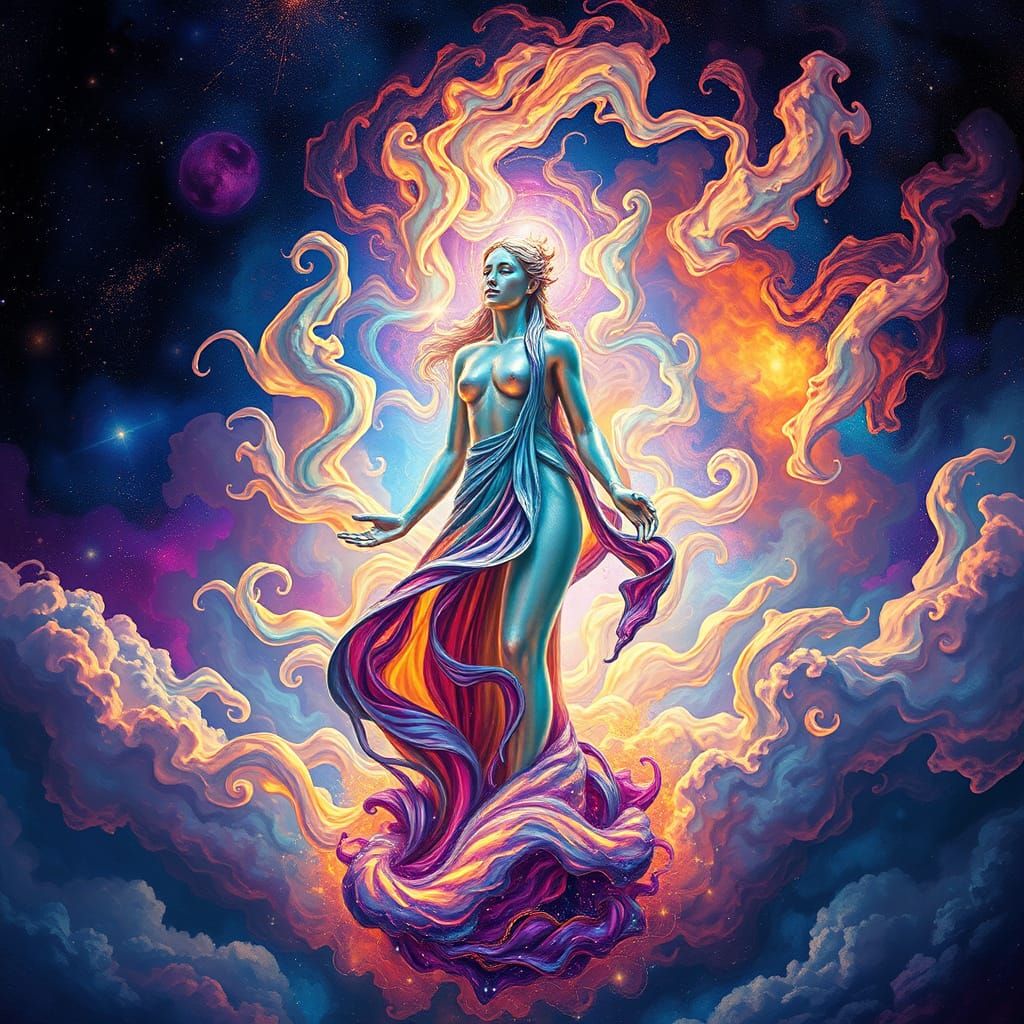 Ethereal Cosmic Statue in Dreamlike Expanse