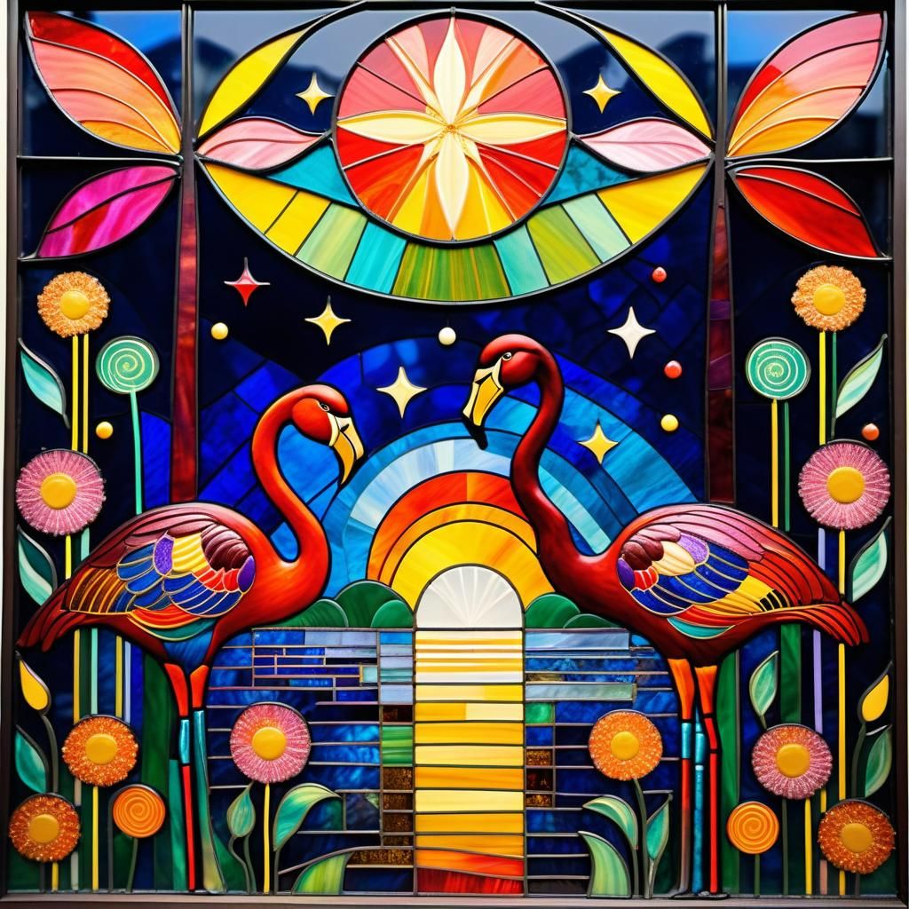 Stained Glass Flamingos in Abstract Landscape