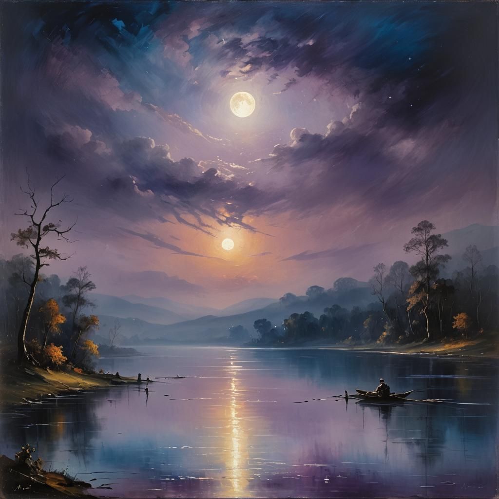 Mystical Lake Under Moonlight: Romantic Era Painting