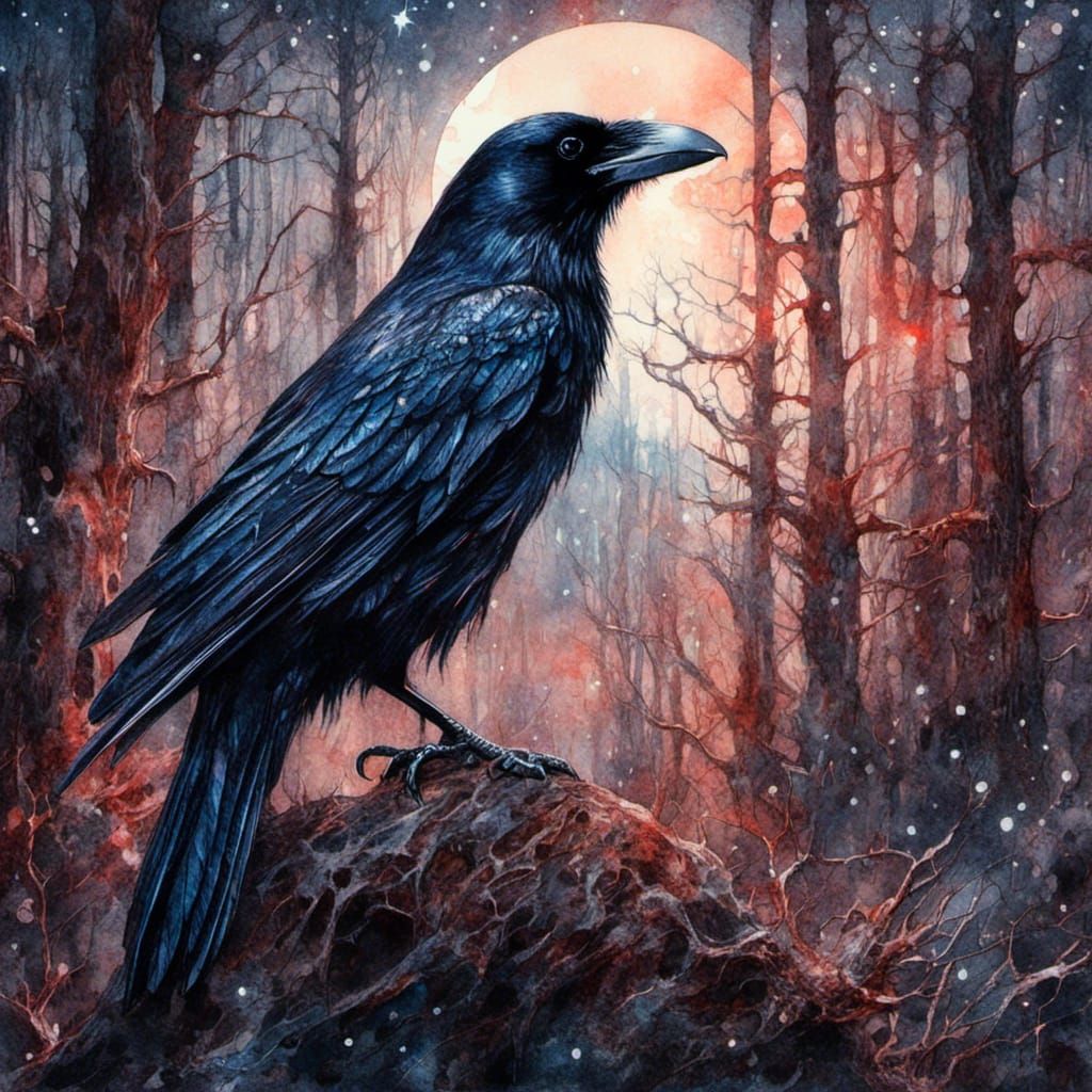 Iridescent Raven in Haunted Forest: Watercolor Art