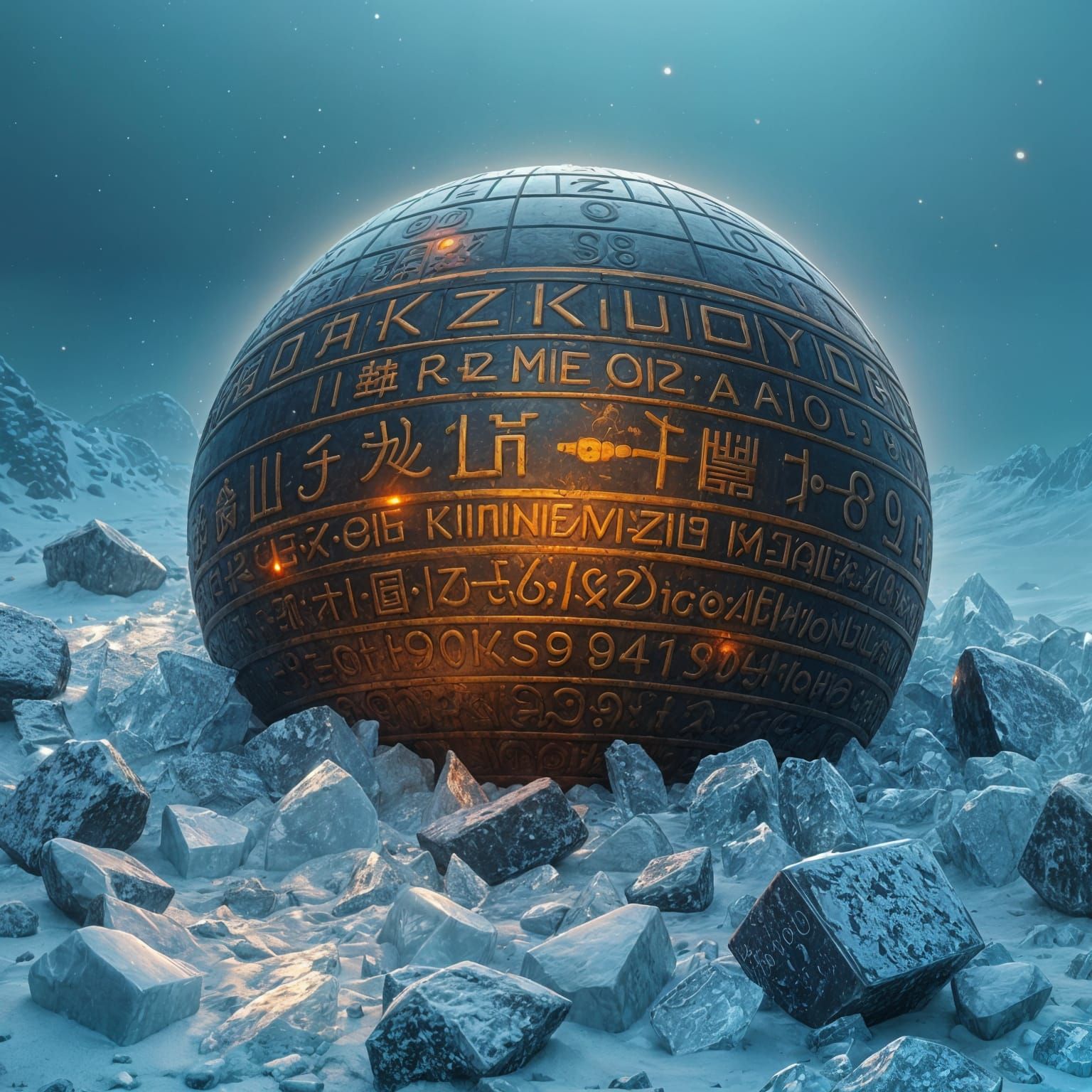 Hyperrealistic Bronze Sphere Glows Amidst Ice