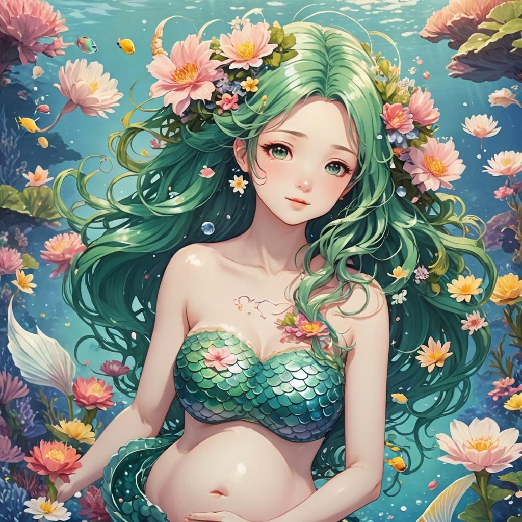Pregnant Anime Mermaid with Flower, Digital Illustration