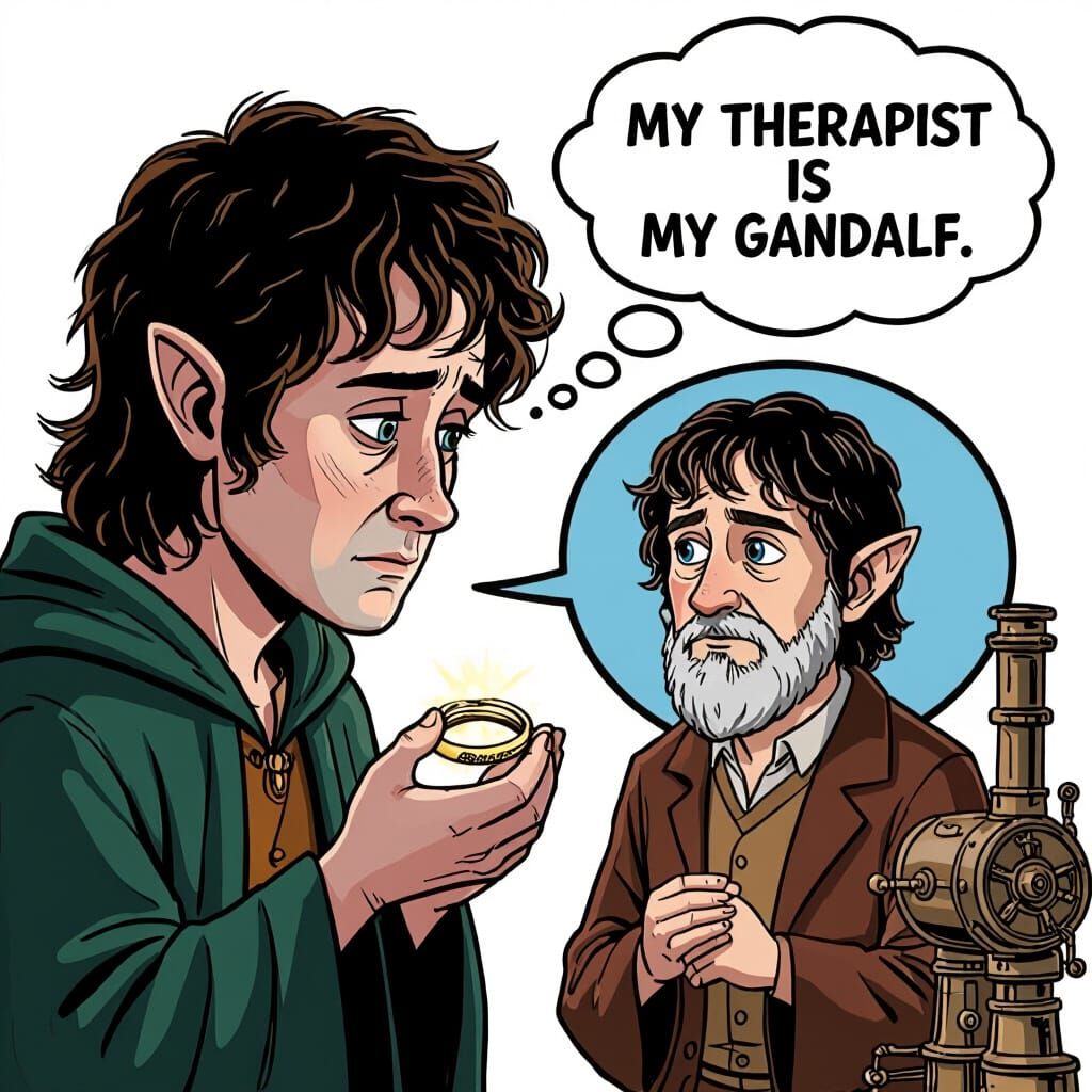 Sad Frodo Contemplates the Ring with Therapist Gandalf