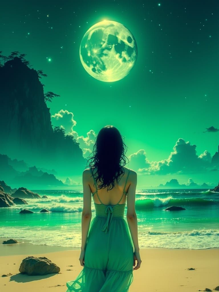 Woman on Beach Gazing at Moonlit Starry Sky