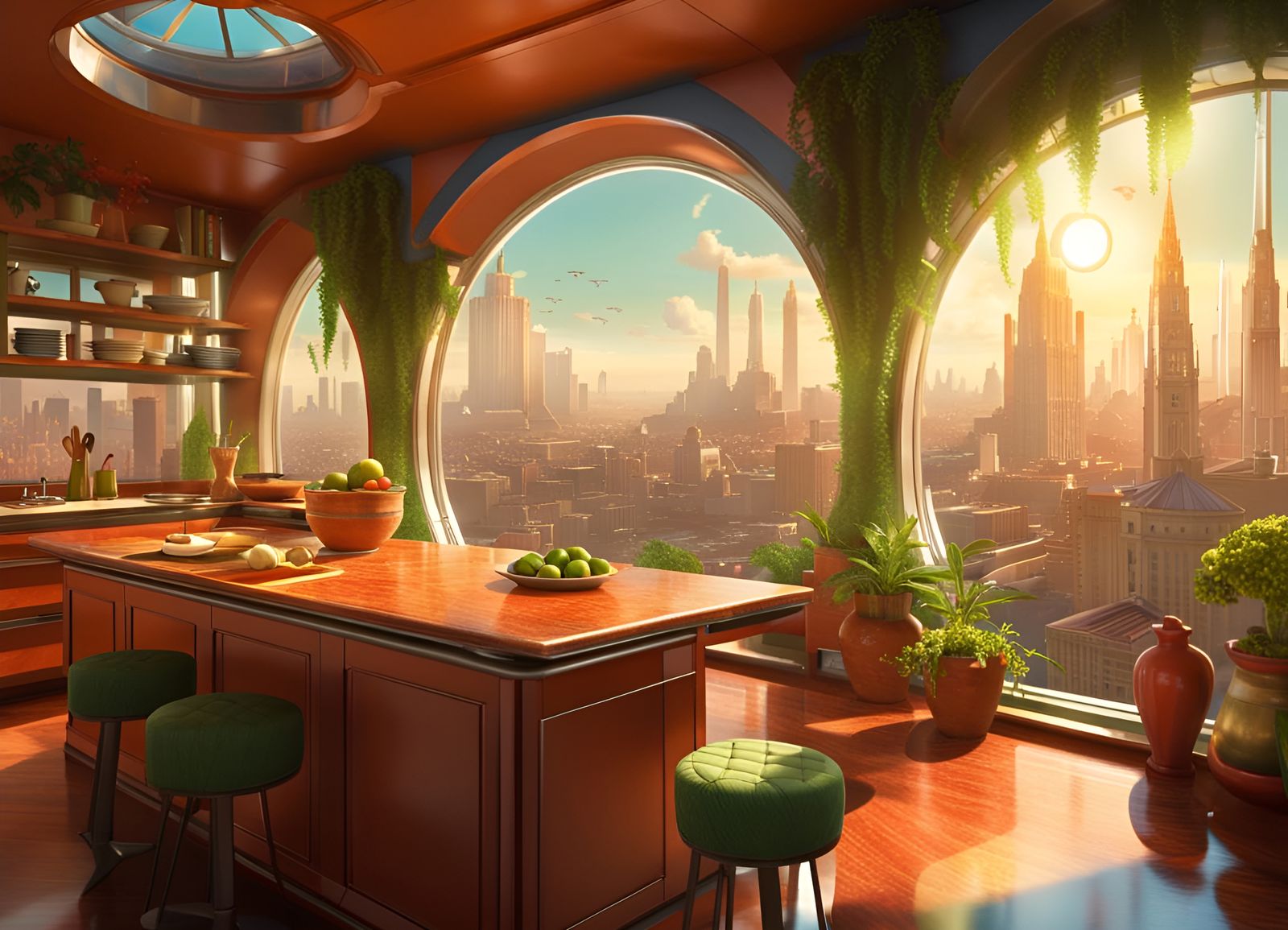 Solarpunk Kitchen Overlooking Vibrant Green City