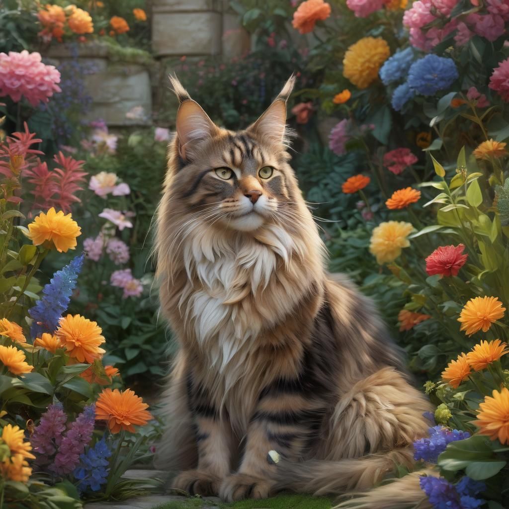 Majestic Mainecoon Cat in Lush Garden: Hyperrealistic Art