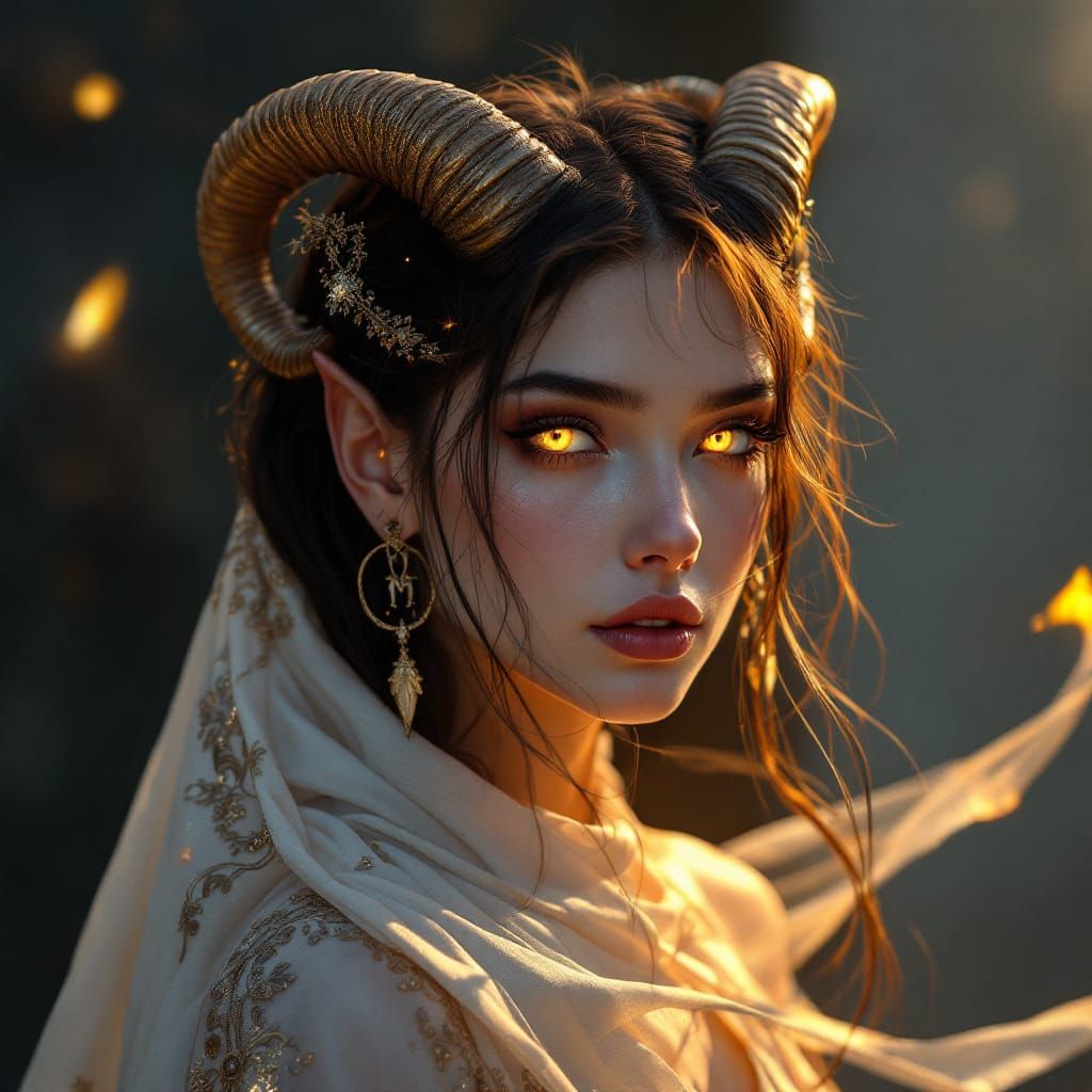 Luminescent Goat-Eyed Girl Portrait in Golden Light