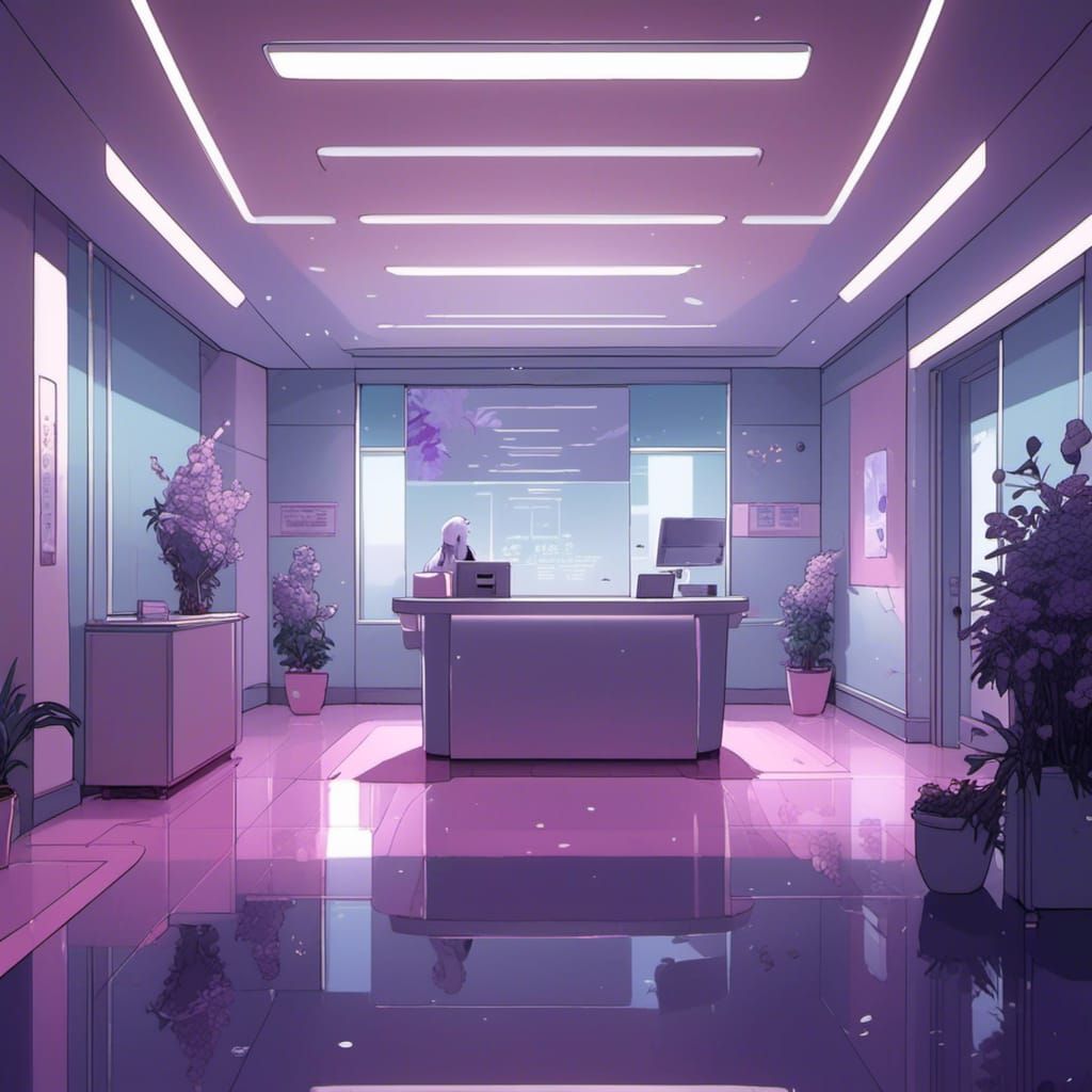 Hospital Reception in Anime Cel-Shaded Style