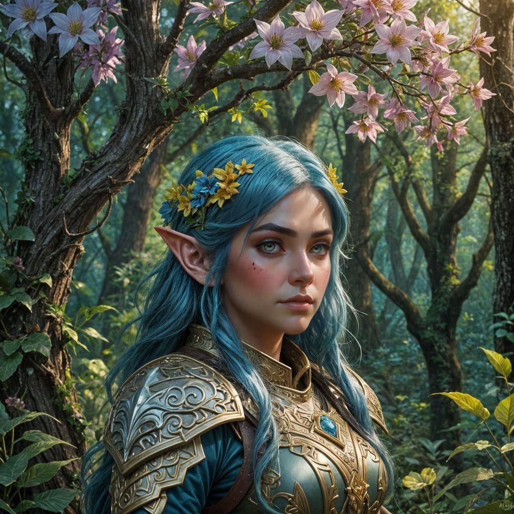Gnome Ranger Portrait in Flowery Forest, Hyperdetailed
