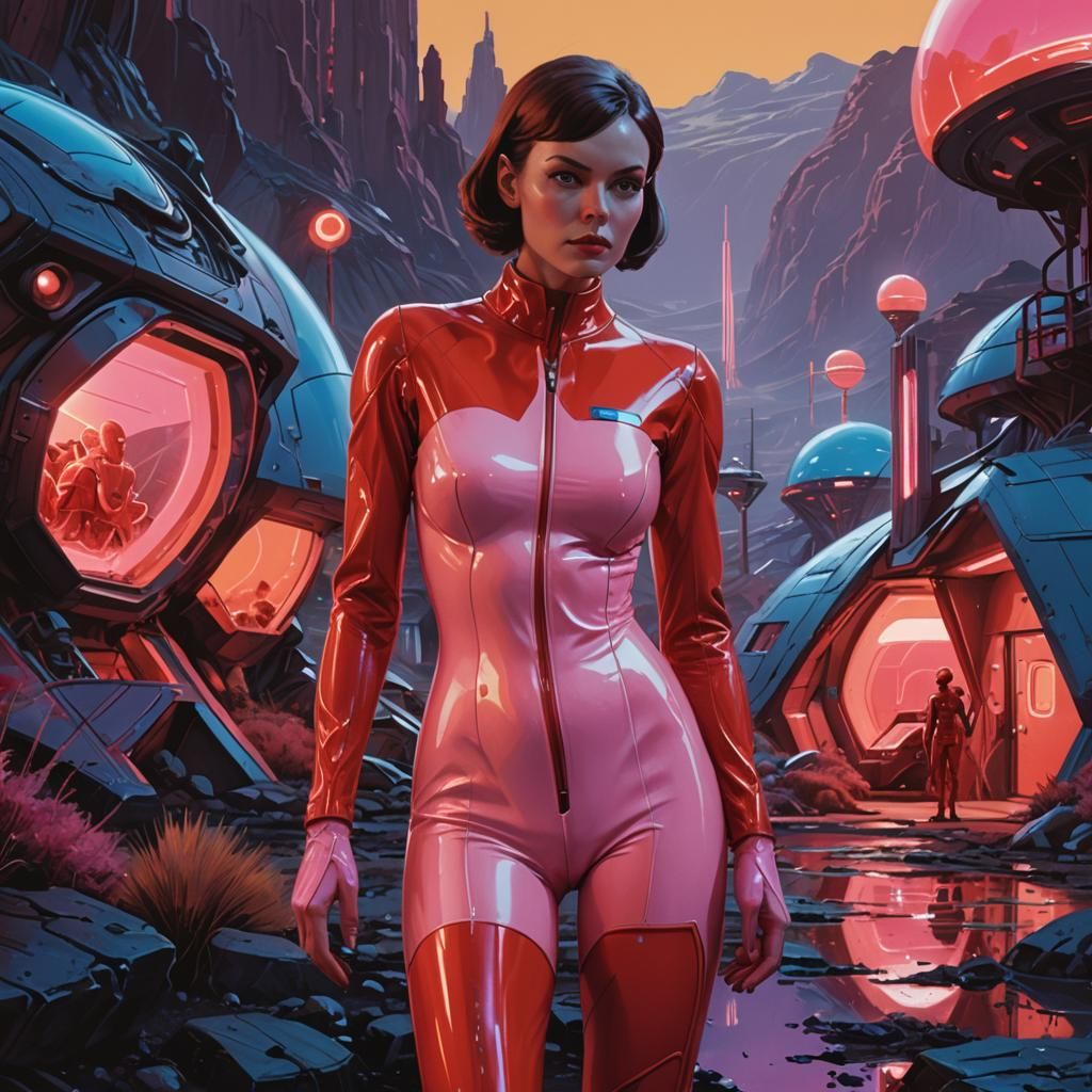 Woman in Latex Suit on Alien Planet in Sci-Fi Art