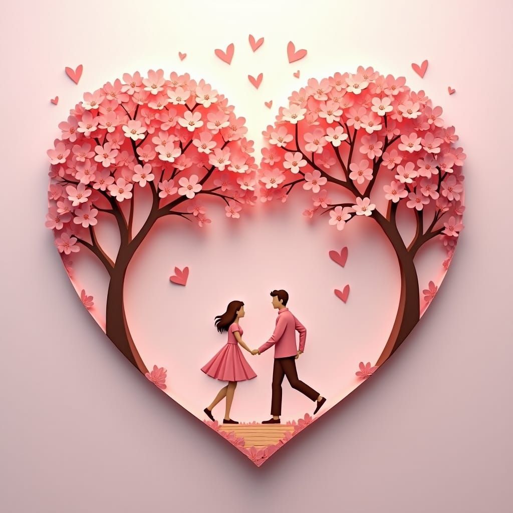 Romantic Paper Cutout Scene with Cherry Blossoms