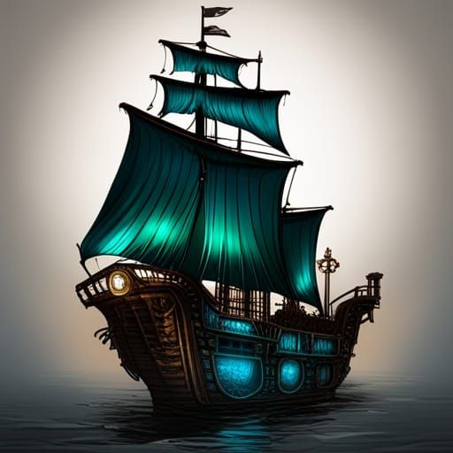 Bioluminescent Steampunk Pirate Ship Digital Painting