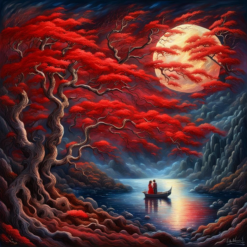 Red Maple and Moonlit Sea, in Surreal Style