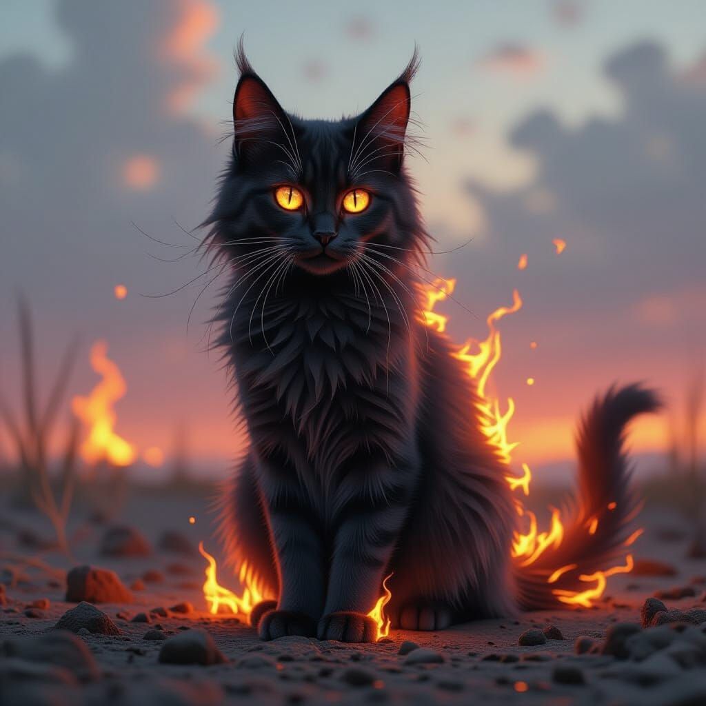 Ember Cat on Scorched Earth, Hyperrealistic Fantasy