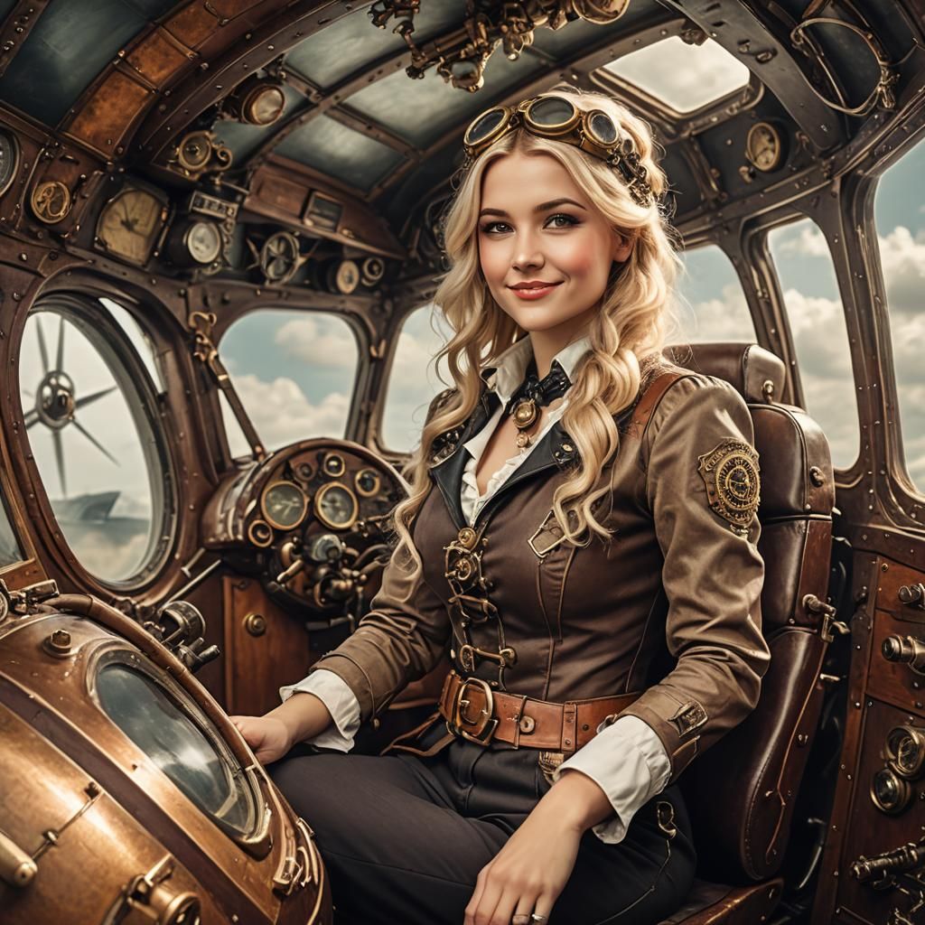 Steampunk Pilot in Vintage Airplane Cockpit