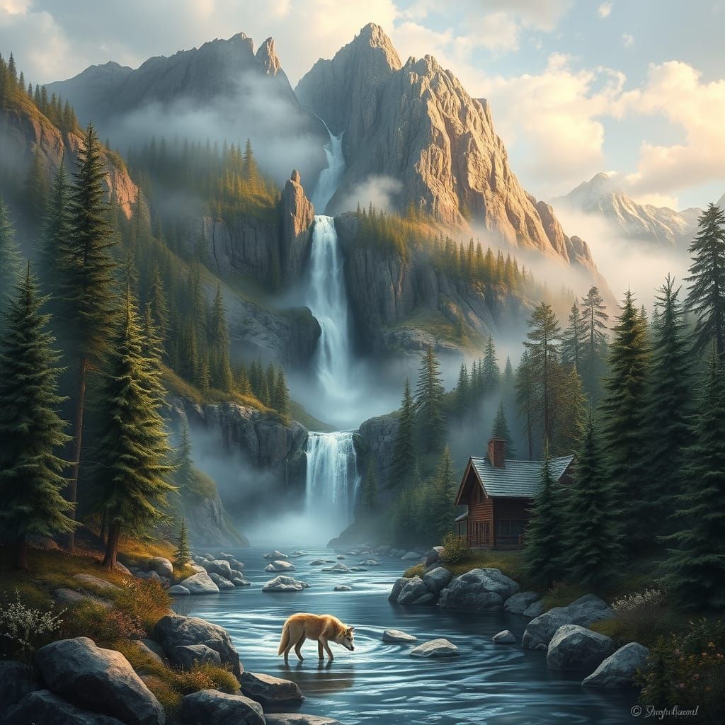 Whimsical Mountain Landscape with Majestic Waterfall and Cha...