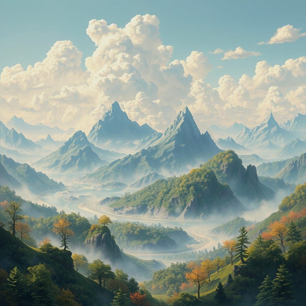 Trees and clouds, mountains and rivers.