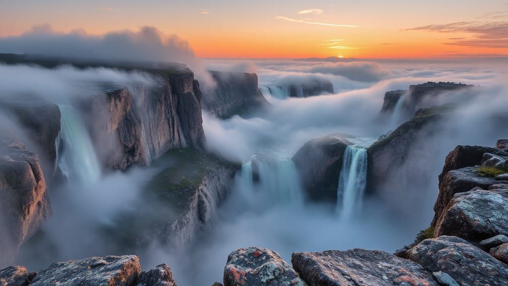 Surreal Misty Landscape with Cliffs and Waterfalls