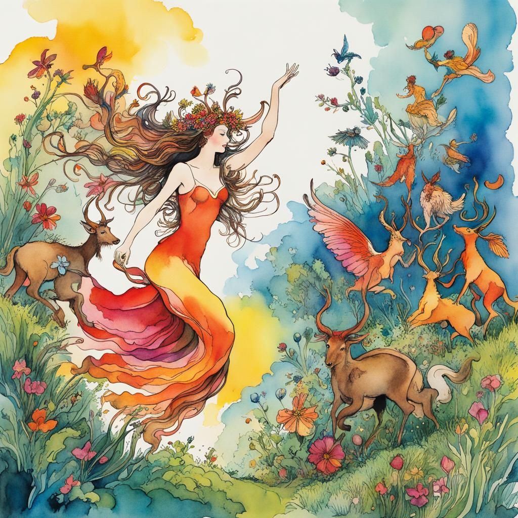 Maenad and Satyrs in Storybook Watercolor Illustration