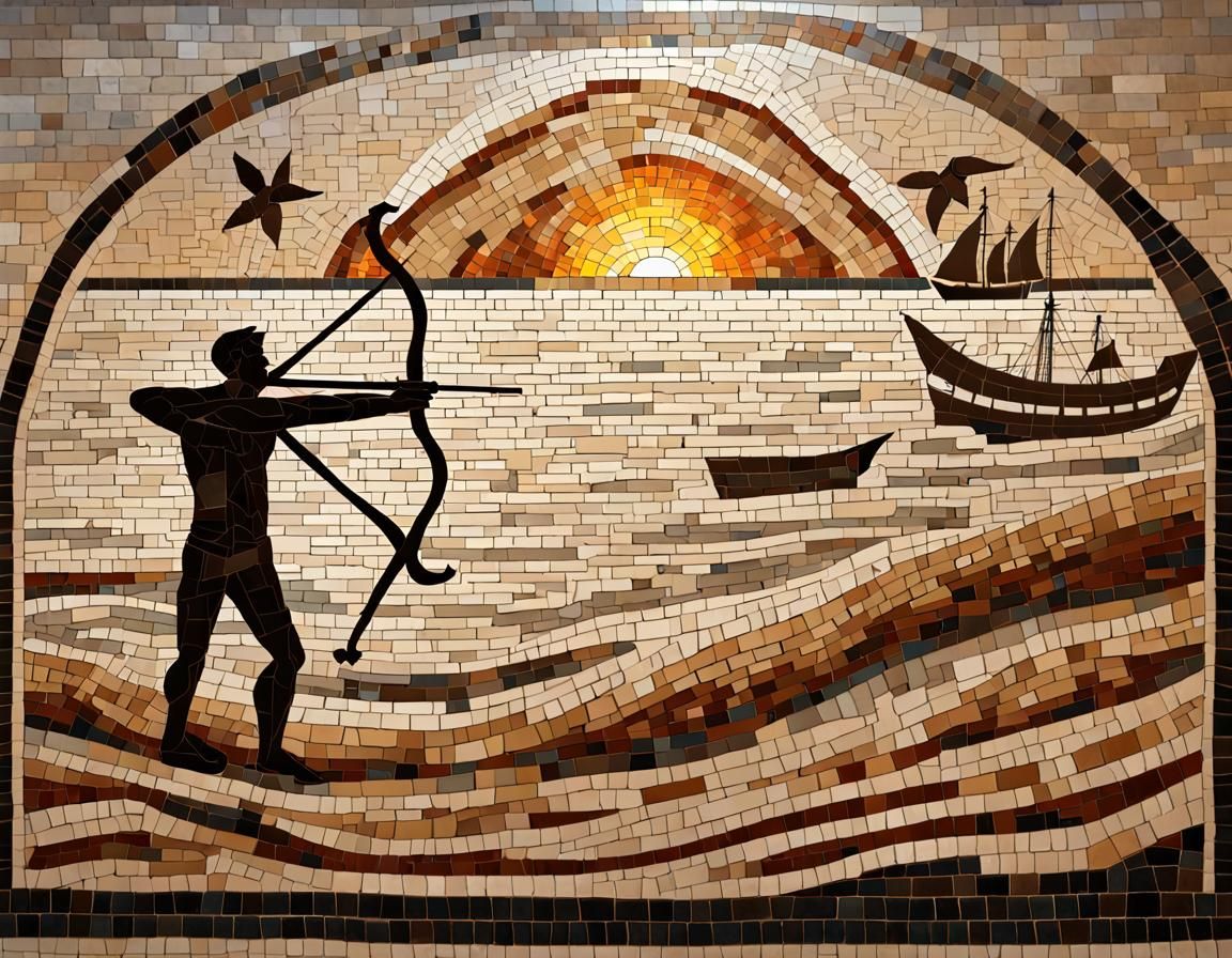 Earthy Mosaic Mural of Archer on a Beach