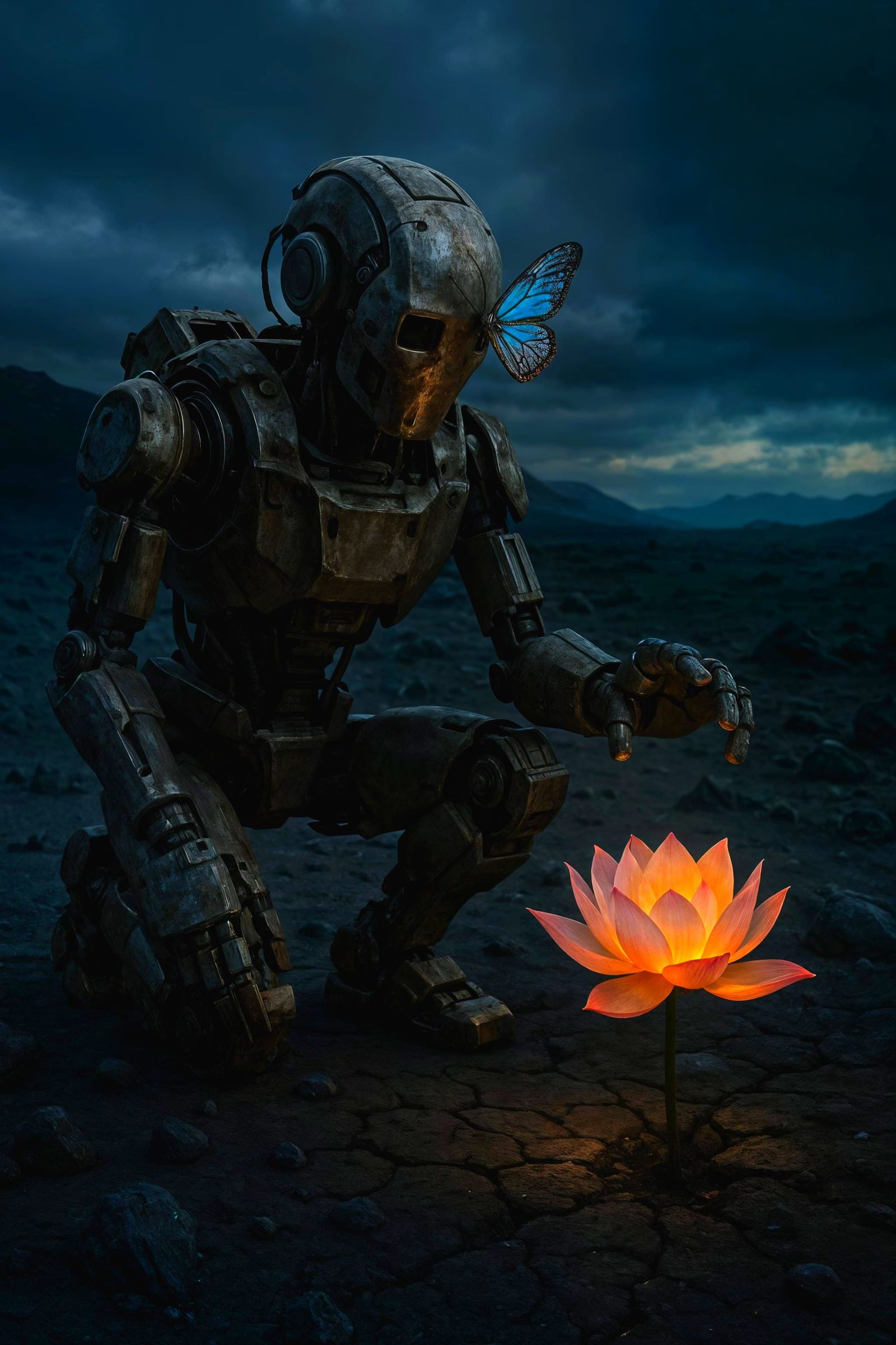 Robot Studies Blooming Lotus in Barren Landscape