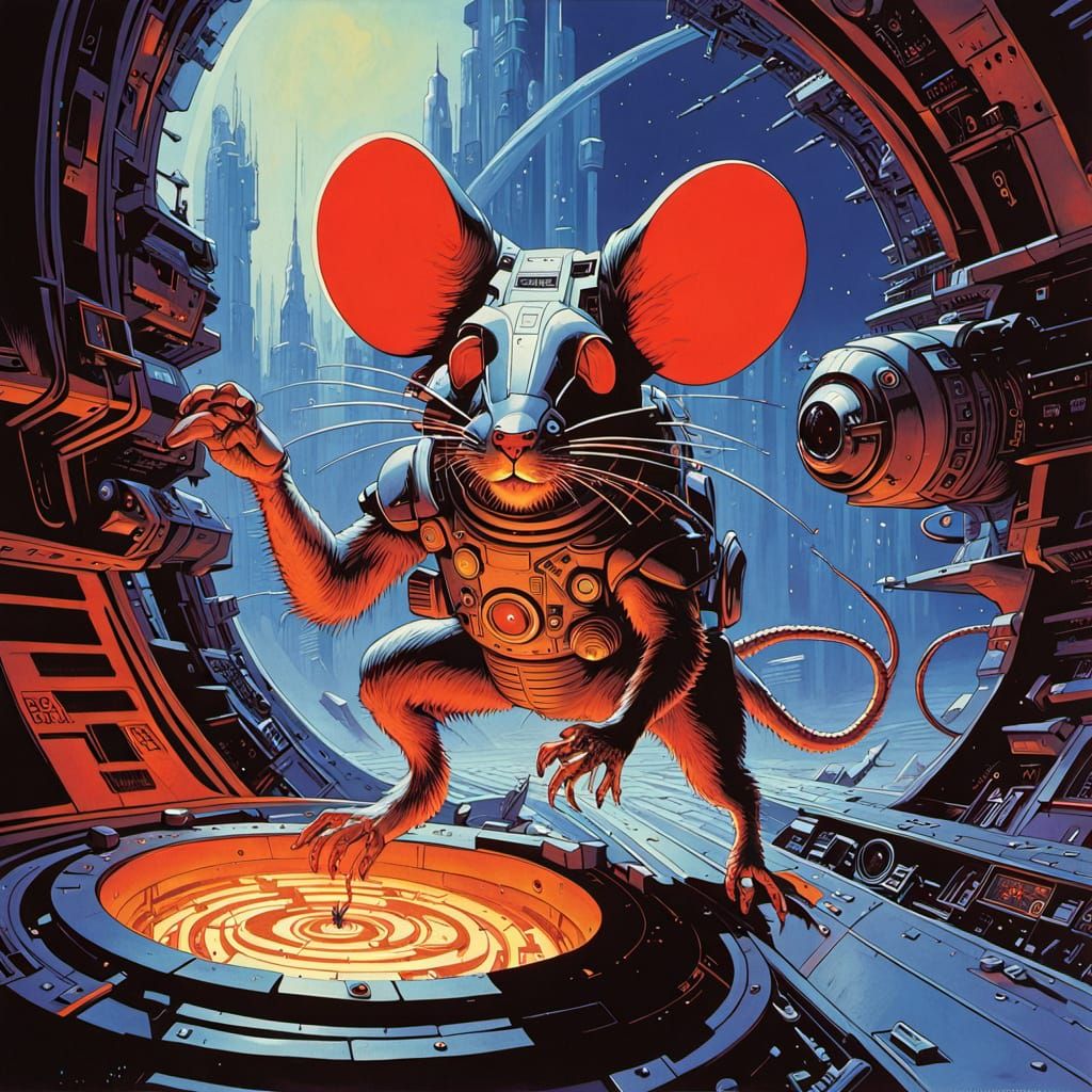 Cybernetic Rat in Futuristic Maze: Sci-Fi Illustration