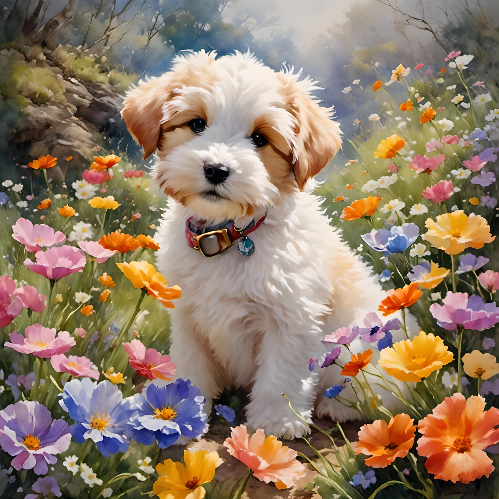Whimsical Puppy in Easter Flower Watercolor