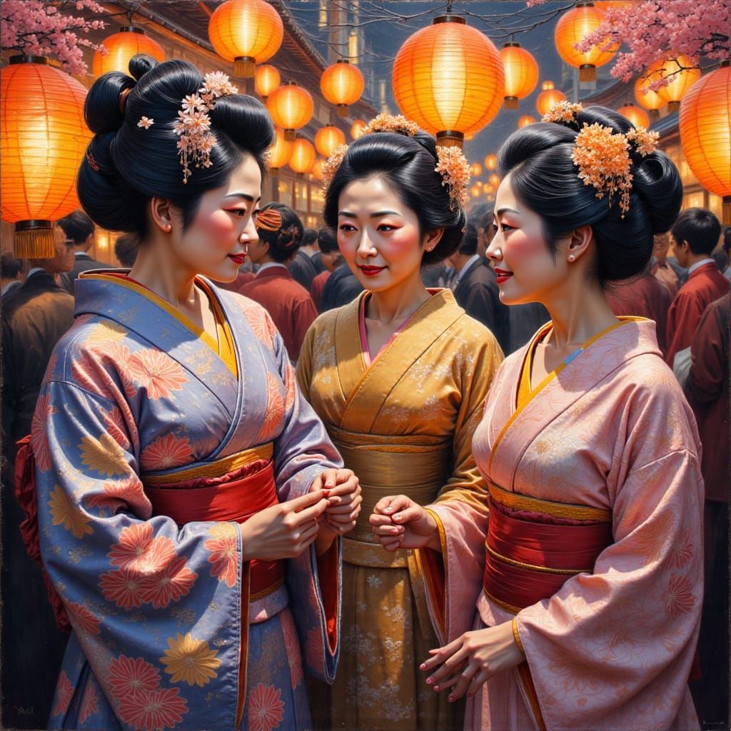 Japanese women wearing Yukatas at a festival<lora:Asian Aesthetic:1.0>