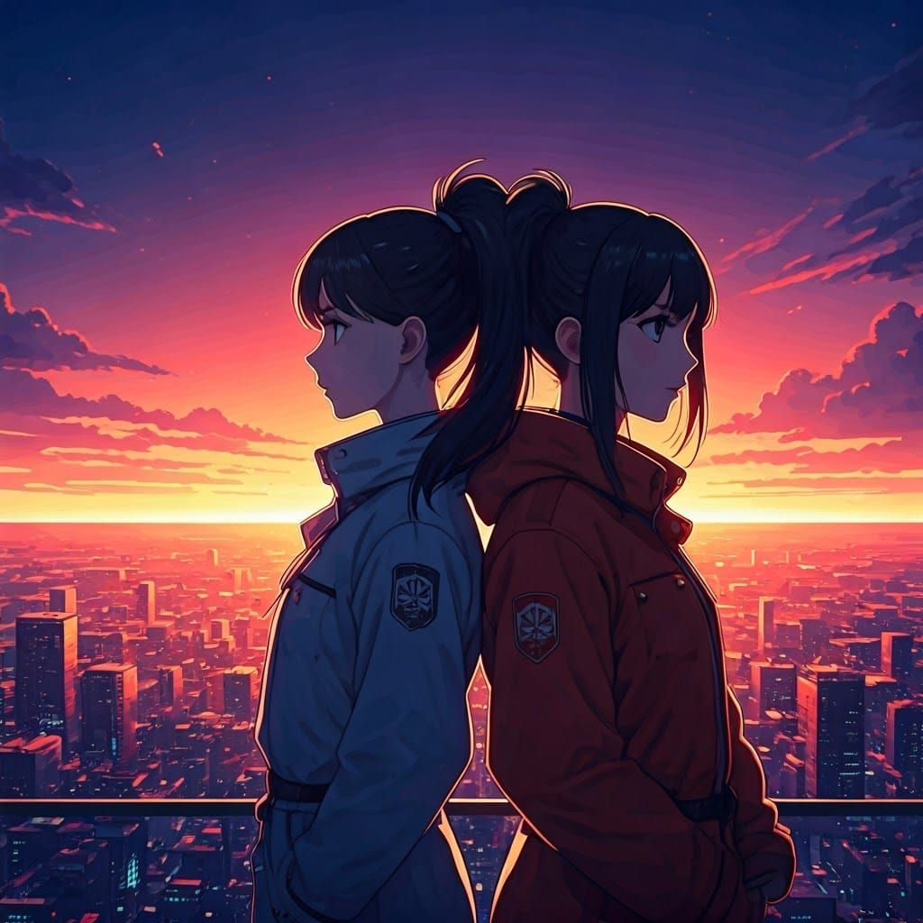 Momiji and Kaede in Futuristic Cityscape Sunset