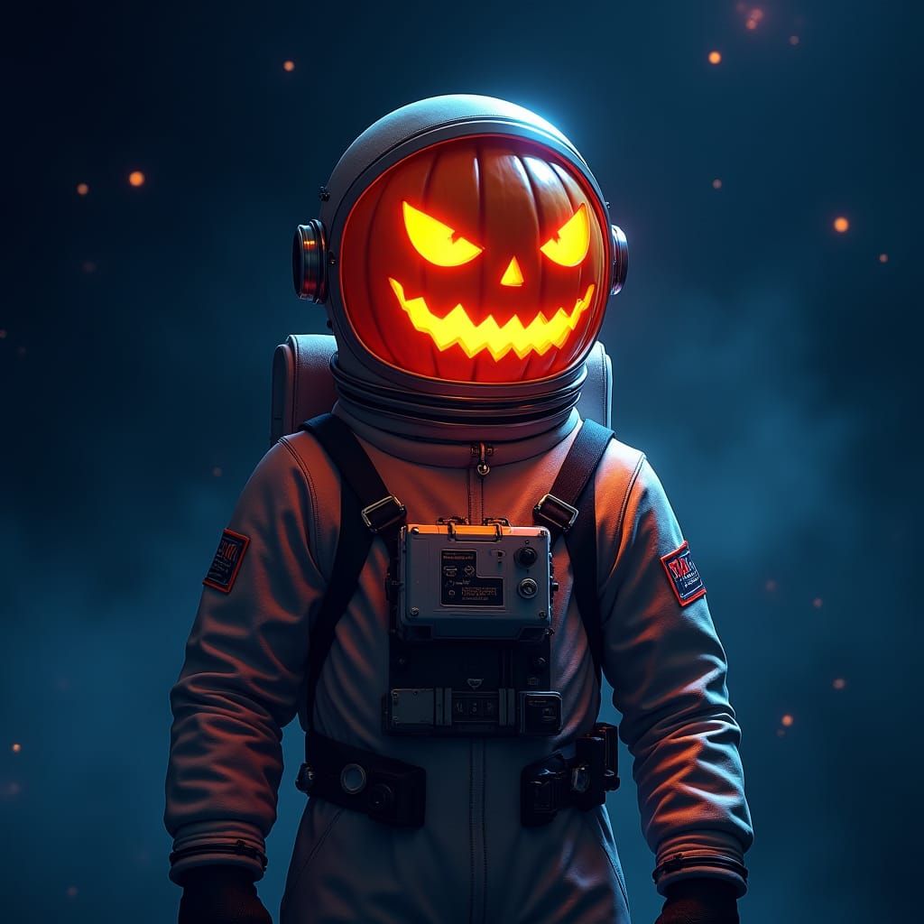 Astronaut Jack-o'-Lantern in Sci-Fi Concept Art Style