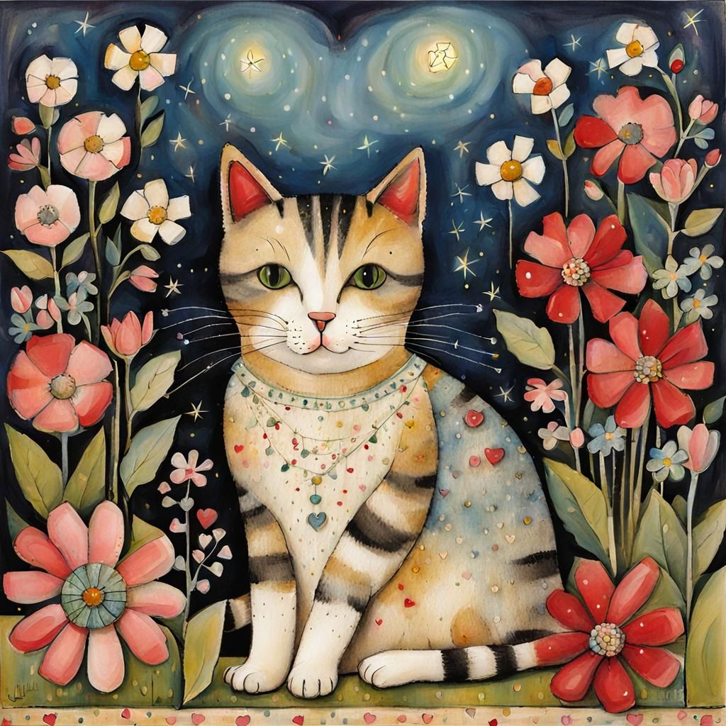 Cute Cat on Pillow in Folk Art Style