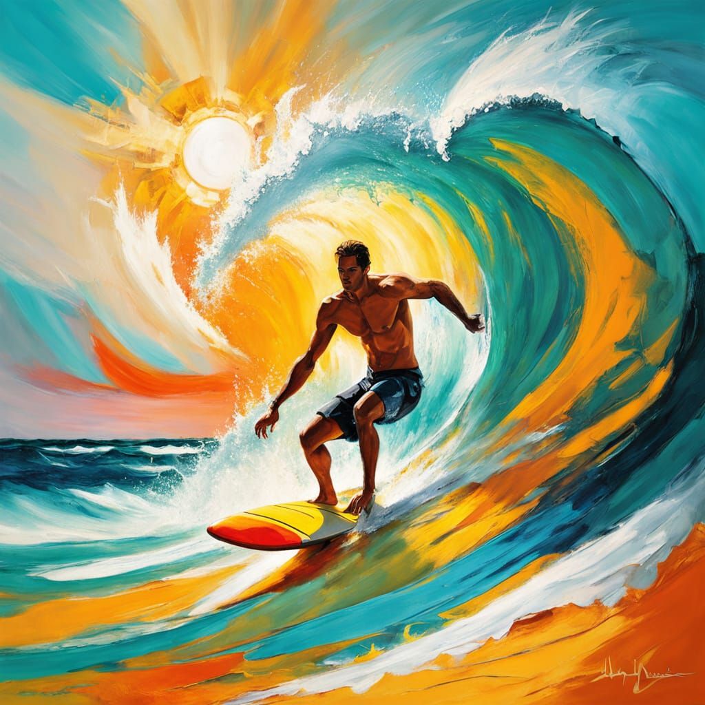 Vibrant Oil Painting of Man Riding a Turbulent Wave