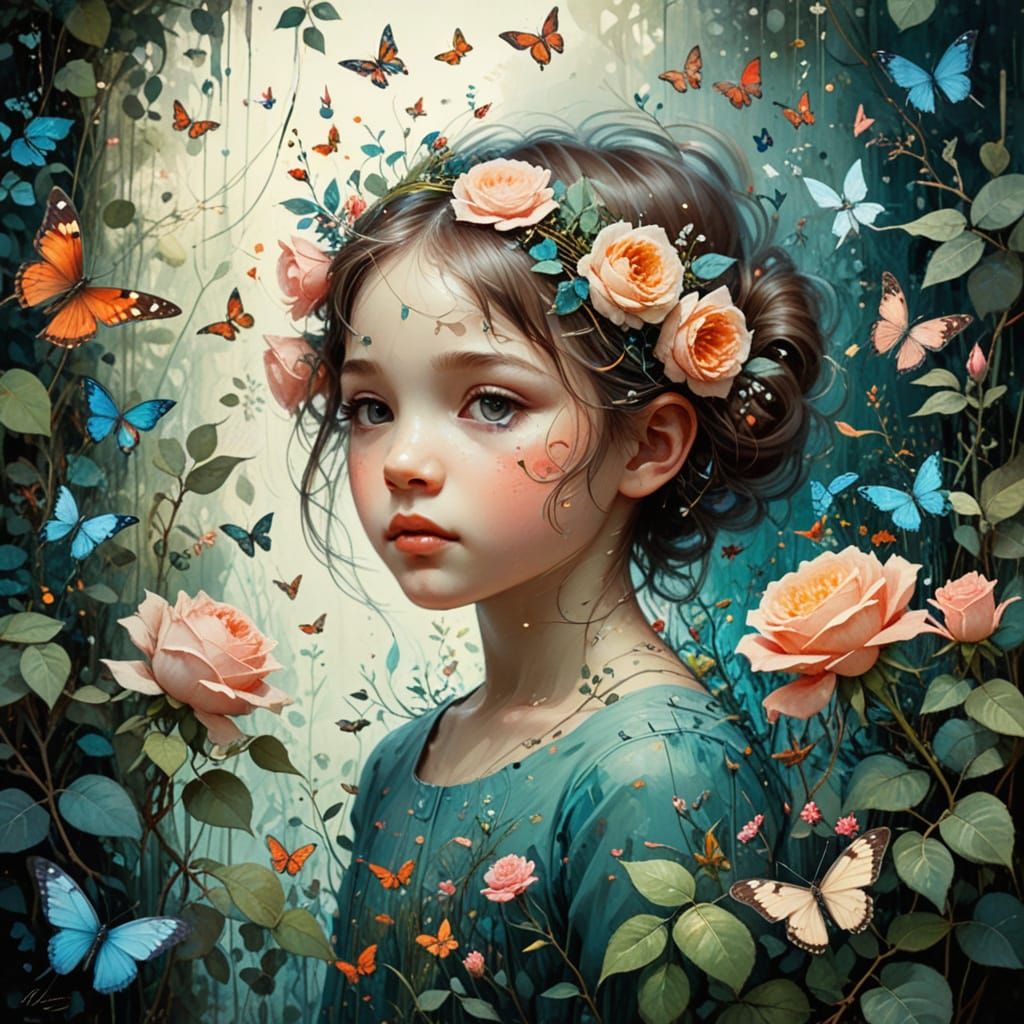 Child in Enchanted Garden with Roses and Wildlife