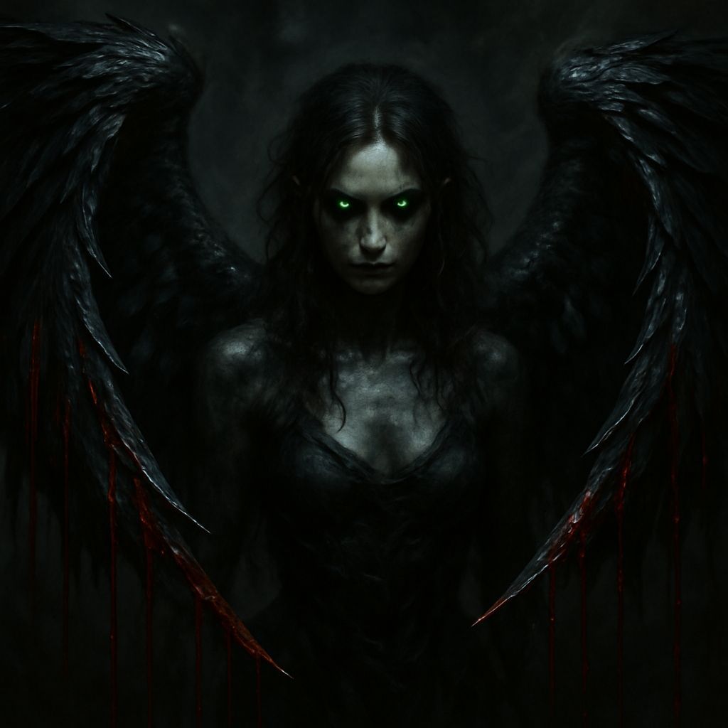 Dark Fantasy Fallen Angel with Shimmering Black Wings and Gl...