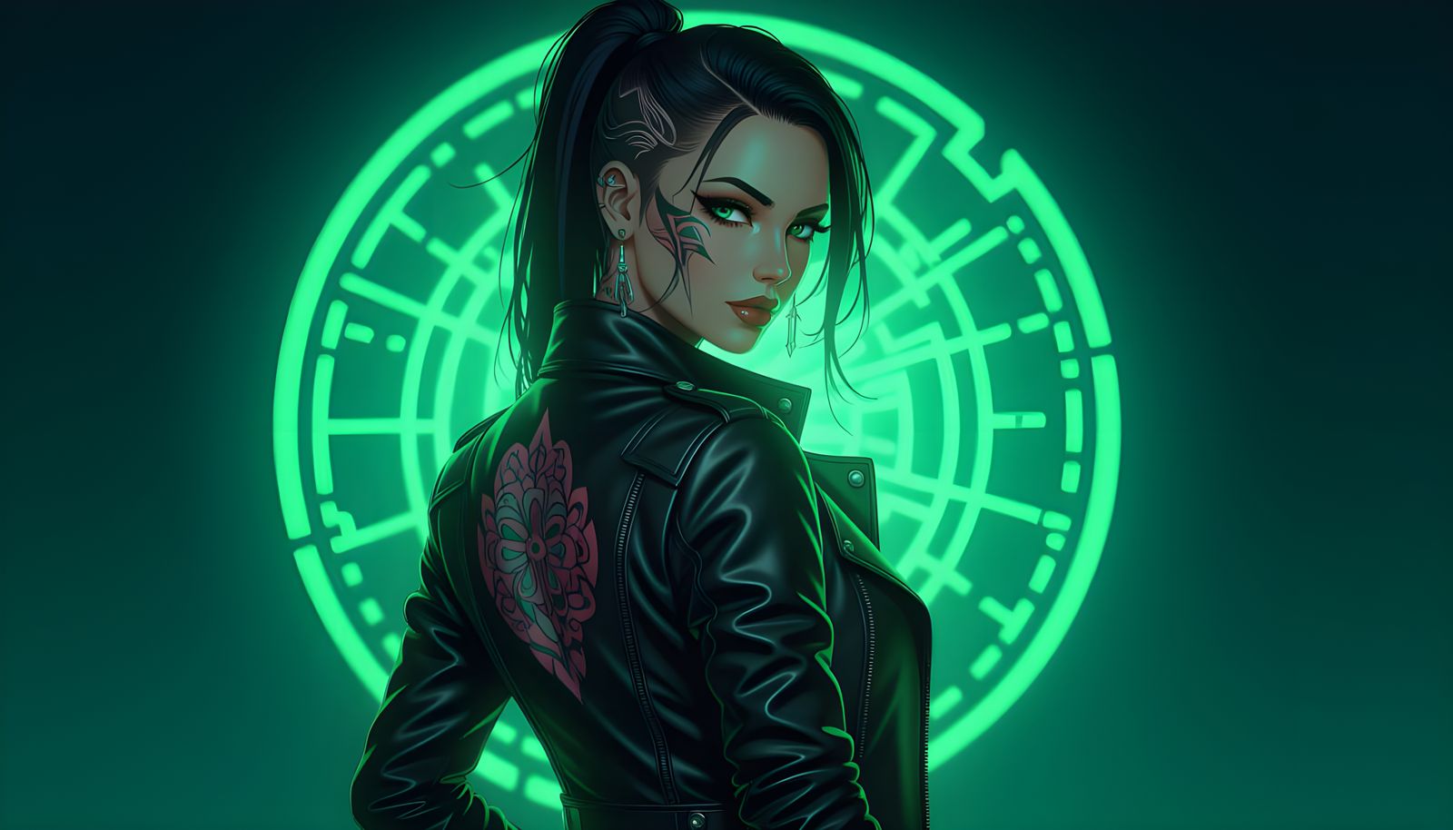 Cyberpunk Anime Woman Portrait with Neon Silhouette
