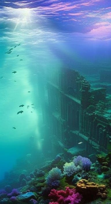 16k resolution, ancient ruins submerged in vibrant coral reef, inspiration from Ivan Aivazovsky, Hokusai, J.M.W. Turner,...