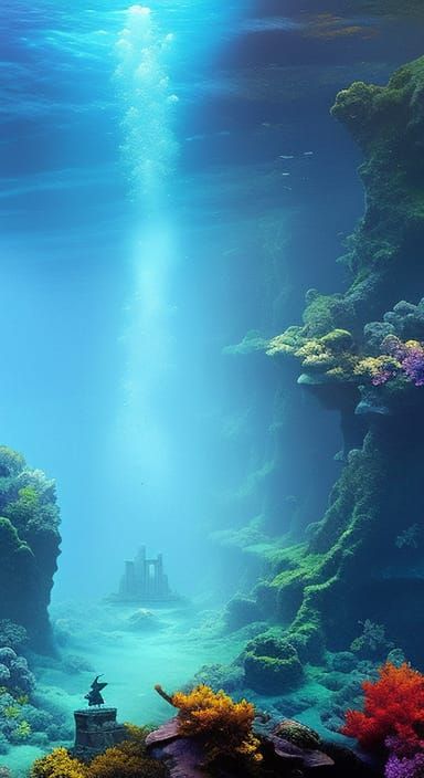 16k resolution, ancient ruins submerged in vibrant coral reef, inspiration from Ivan Aivazovsky, Hokusai, J.M.W. Turner,...