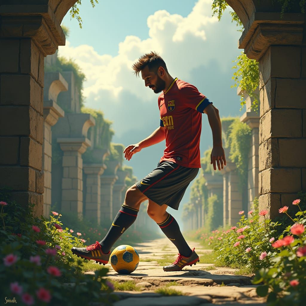 Lionel Messi Bald in Dreamlike Landscape