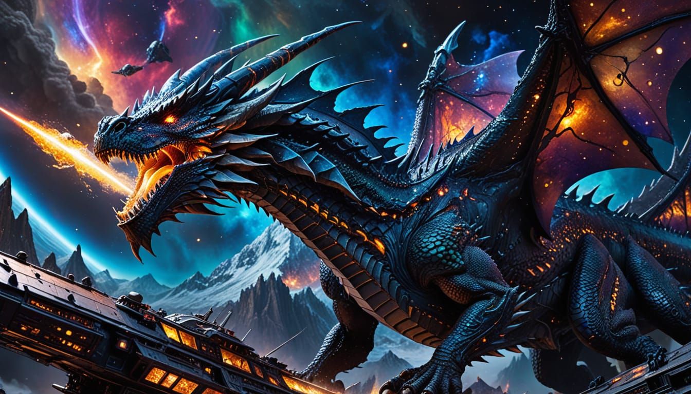 Majestic Space Dragon Fights Cruiser in Alcohol Ink Style