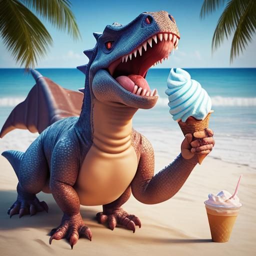 Hyperrealistic Dinosaur Enjoys Ice Cream on Beach in 3D