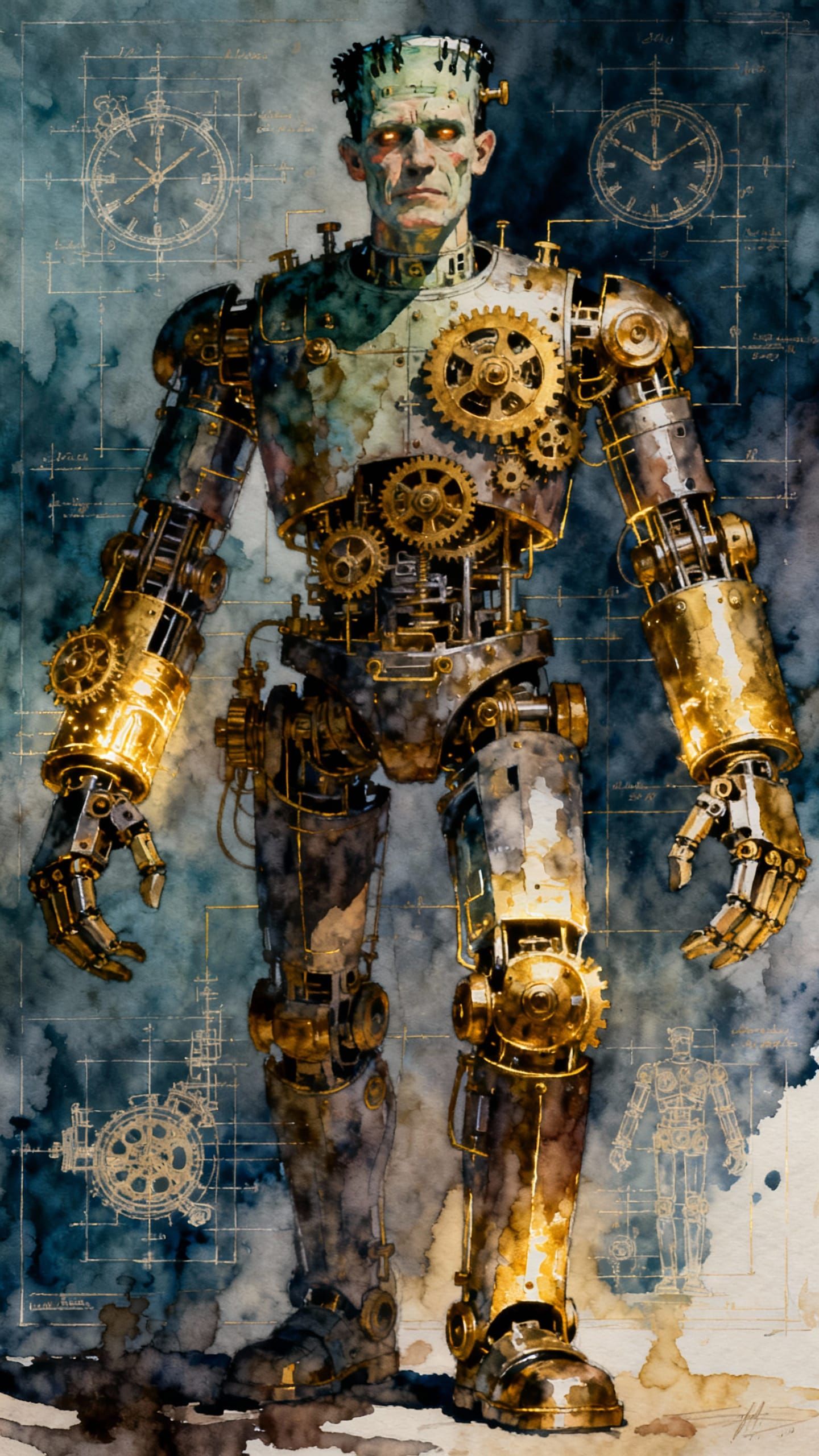 Frankenstein Robot Schematics: Ink & Watercolor Blueprint