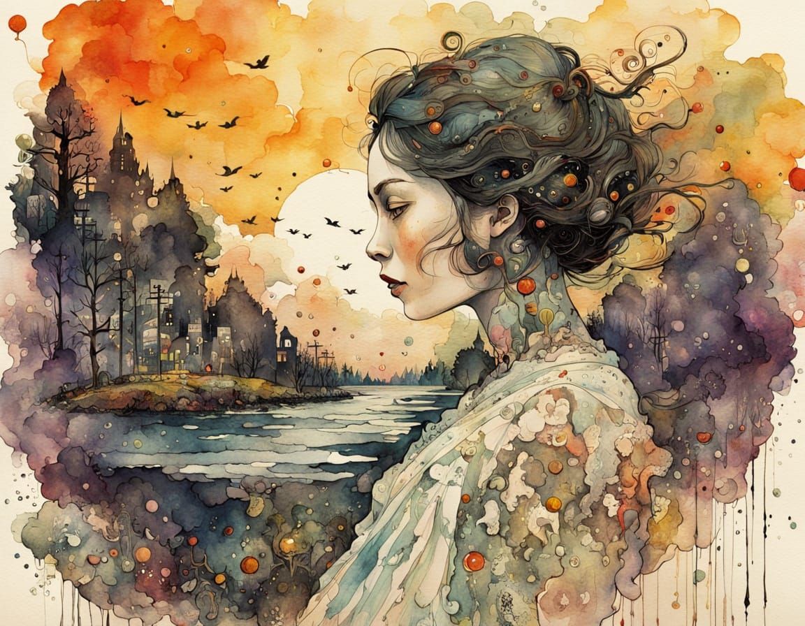 Autumn Countryside Sunset in Alcohol Ink Style