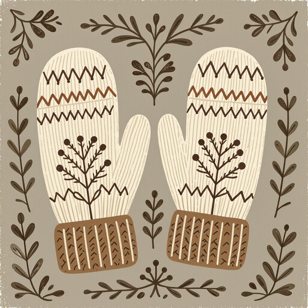 Folk Art Mittens Illustration in Dark Brown Ink