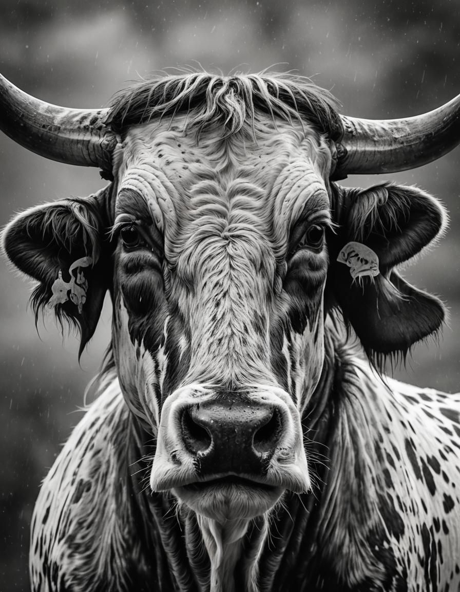 Detailed Black and White Longhorn Portrait