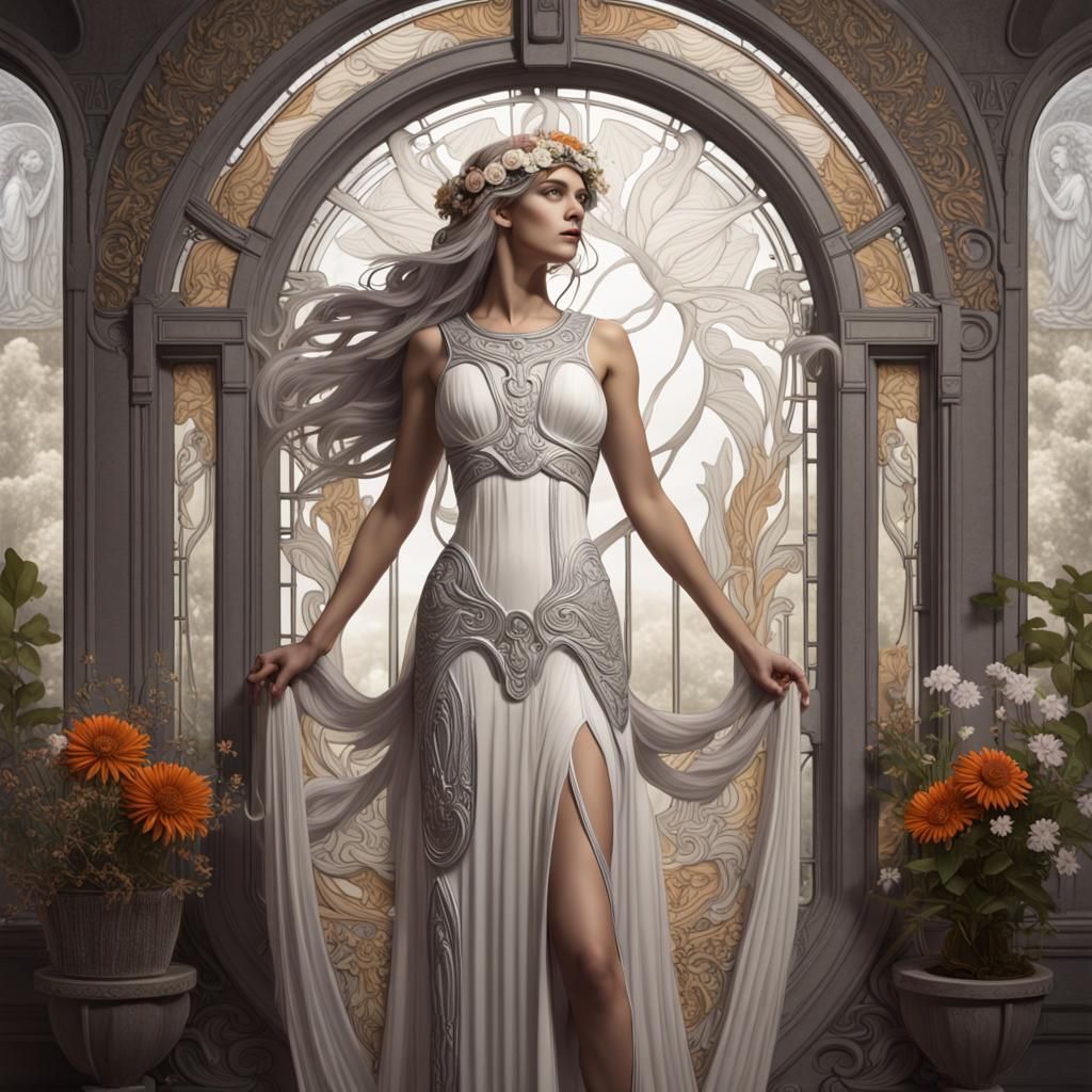 Art Nouveau Athena in White Gown by Window
