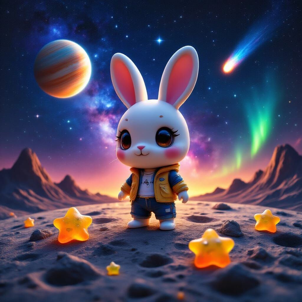 Chibi Rabbit on Moon Surface with Nebula and Stars