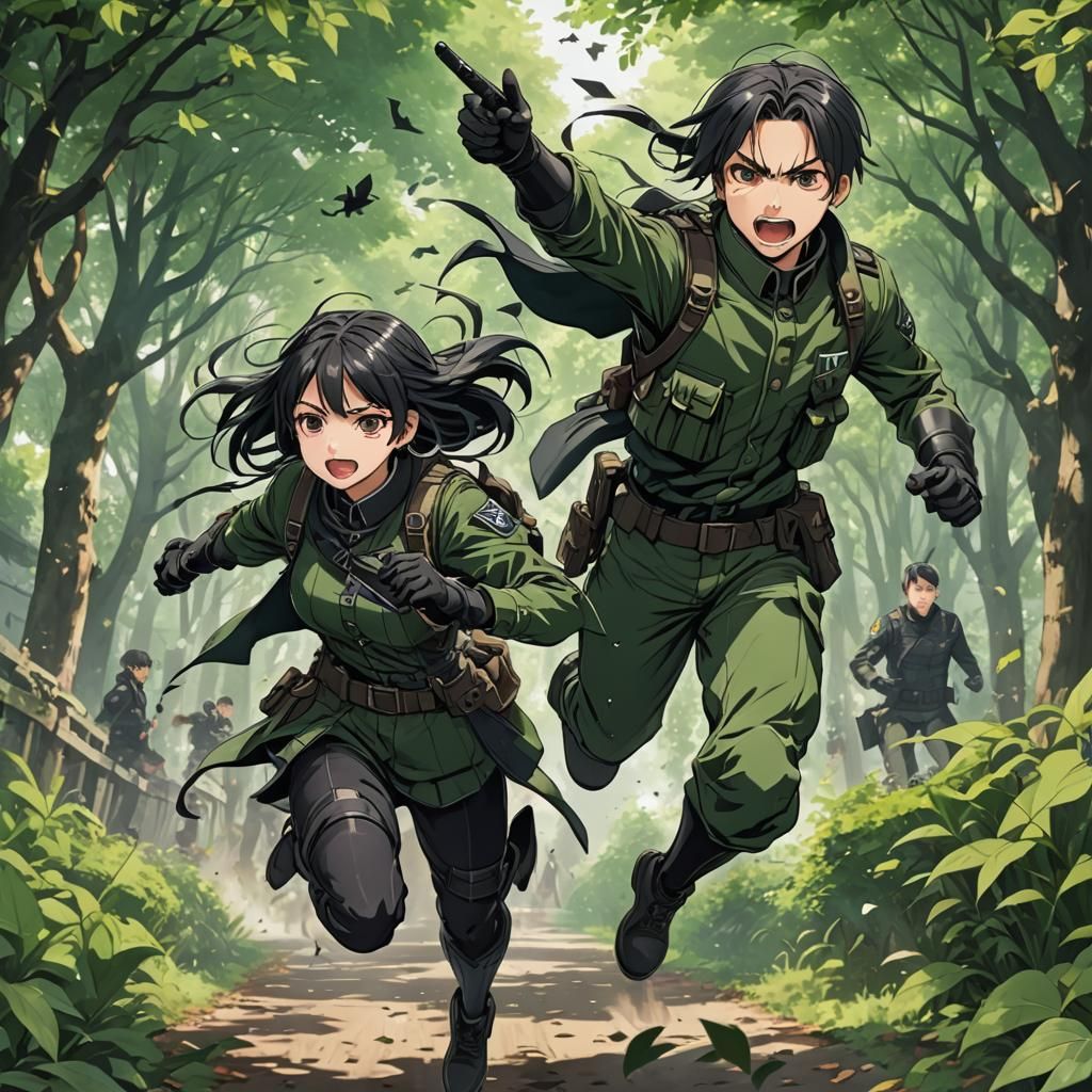 Anime Soldiers Running Through Flying Leaves