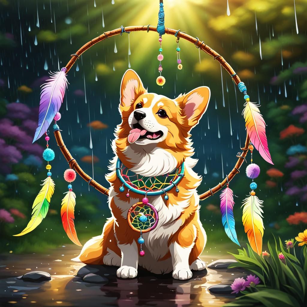 Corgi and Dream Catcher Under Rainbow