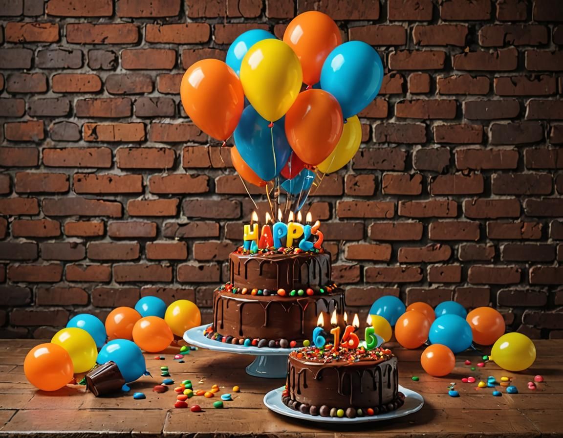 Hyperrealistic Chocolate Cake with Balloons and Neon